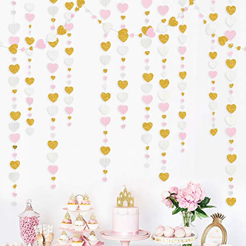 52 Ft Rosa Weiß und Gold Liebesherz Girlande Hängendes Papier Streamer Banner zum Jubiläum Muttertag Bachelorette Verlobung Hochzeit Baby Brautdusche Valentinstag Geburtstagsfeier Dekorationen von Pink Blume