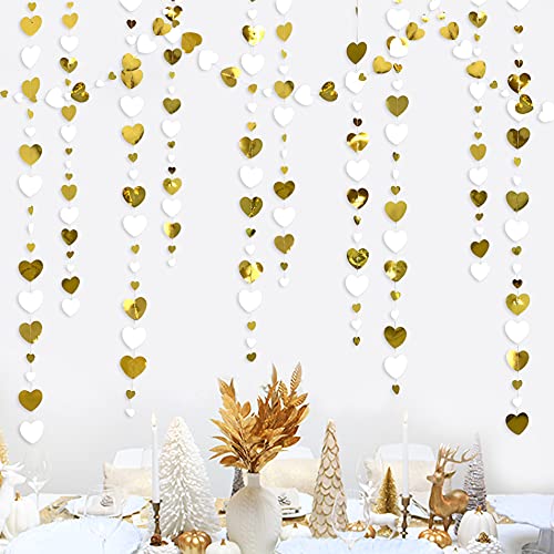 52Ft Weiß und Gold Liebe Herz Girlande Hängende Papier Streamer Banner für Jubiläum Bachelorette Verlobung Hochzeit Brautdusche Geburtstag Vater Muttertag Valentinstag Party Dekoration Zubehör von Pink Blume