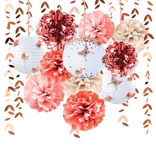 Rotgold Partydekoration, Laternen mit Blumen, Bommeln mit Aufklebern Schmetterling 3D-Girlande mit Blättern, Banner für Hochzeit, Verlobung, Brautparty, Junggesellinnenabschied Dekoration für Partys von Pink Blume