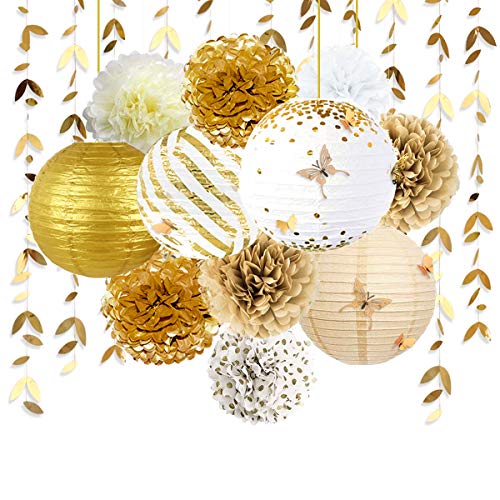 Weißgold Partydekoration, Laternen für Blumen Pom Pom Pom mit Aufklebern Schmetterling 3D Girlande Blätter für Hochzeit Verlobung Dusche Junggesellinnenabschied Party Dekoration von Pink Blume