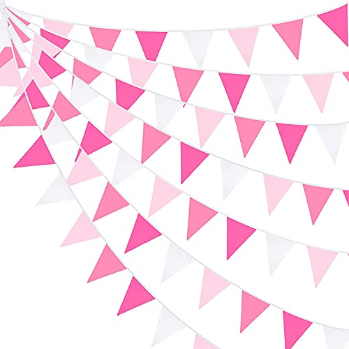 Wimpelkette aus Baumwolle, Wimpelkette, Dreieck-Girlande für Hochzeit, Geburtstag, Babyparty, Jahrestag, Kinderzimmer, Outdoor, Garten, zum Aufhängen, Festivals, Party-Dekorationen, 10 m, Rosa von Pink Blume