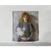 Mädchen Mit Chrysanthemen, Duschvorhang - Badezimmer Kunst Boho Wohnkultur Sets Geschenk Badvorhang Kunstwerk S#88 von PinkPalmDecor