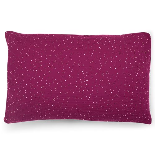 PinkZebra Bio-Musselin Dekokissenbezug 25 x 50 cm, Zierkissenbezug mit goldenen Pünktchen, Sofa Wohnzimmer, Dekokissenhülle - 100% Baumwolle, Zierkissenhülle,Reißverschluss, Pünktchen Burgunderrot von PinkZebra