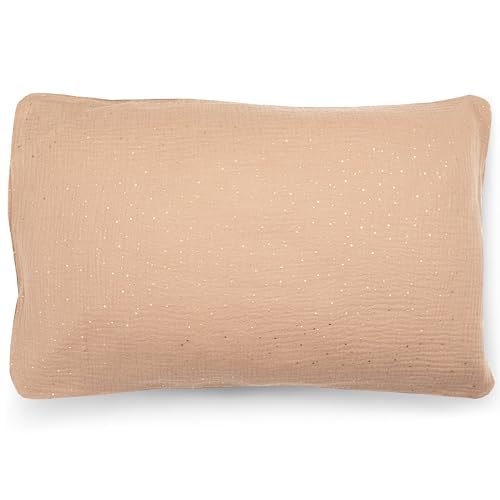 PinkZebra Bio-Musselin Dekokissenbezug 35 x 40 cm, Zierkissenbezug mit goldenen Pünktchen für Sofa Wohnzimmer, Dekokissenhülle - 100% Baumwolle, Zierkissenhülle, Reißverschluss, Pünktchen Hellbraun von PinkZebra