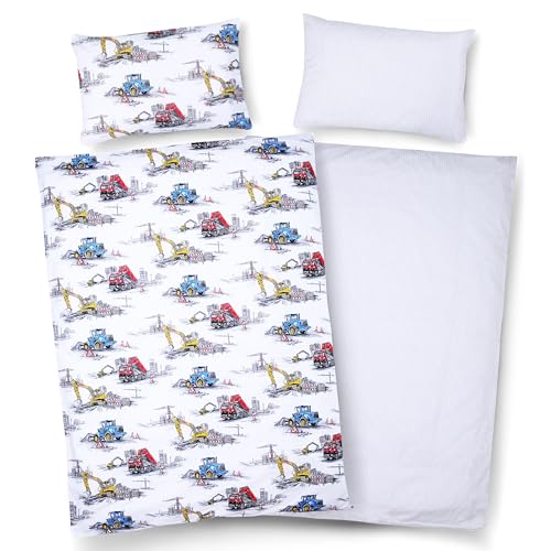 PinkZebra Kinderbettwäsche doppelseitig: Decke 100 x 135 cm + Kissen 40 x 60 cm mit Reißverschluss, für Jungs aus 100% Baumwolle, Öko-Tex Standard 100, Made in EU, Bagger von PinkZebra