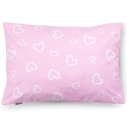 PinkZebra Kopfkissenbezug Kinder, Kissenbezug 30 x 50 cm aus 100% Baumwolle, Kissenhülle Jungen, Öko-tex Standard 100, Kinderbezüge mit Reißverschluss, Herzchen Pink von PinkZebra