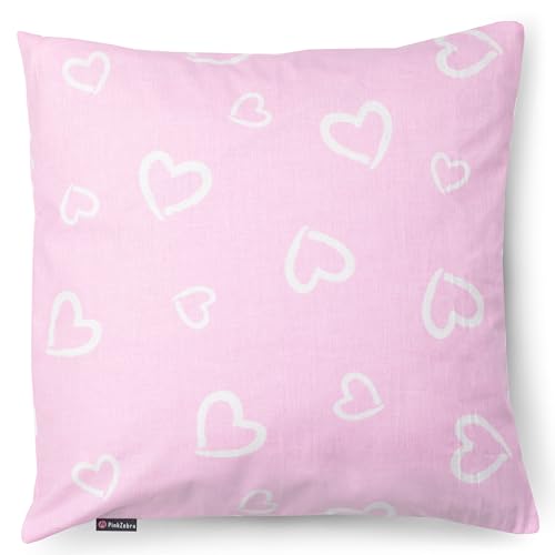 PinkZebra Kopfkissenbezug Kinder, Kissenbezug 50 x 50 cm aus 100% Baumwolle, Kissenhülle Jungen, Öko-tex Standard 100, Kinderbezüge mit Reißverschluss, Herzchen Pink von PinkZebra