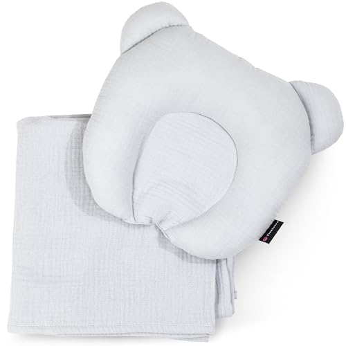 PinkZebra Musselin-Bettwäsche für Babys Neugeborene, hochwertiges Bettenset: weiches Teddybär-Flachkissen + Decke aus 100% Bio-Baumwolle, Kuscheldecke, Grau von PinkZebra