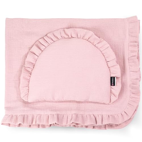 PinkZebra Musselin-Bettwäsche mit Rüschen für Babys, hochwertiges Bettenset: weiches Flachkissen + 4-lagige Decke aus 100% Bio-Baumwolle, Kuscheldecke, Schlafdecke, Pink von PinkZebra