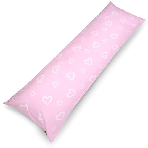 PinkZebra Seitenschläferkissen Bezug 40 x140 cm aus 100% Baumwolle, Kissenbezug für Kinder & Erwachsene, Kissenhülle mit Reißverschluss, Öko-tex Standard 100, Herzchen Pink von PinkZebra