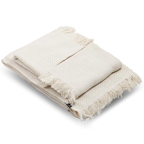 PinkZebra Sofabezug 3er Set: 2 x 1-Sitzer (160 x 60 cm) und 1 x 3-Sitzer (205 x 160 cm) Bezüge mit Fransen, Bezug Couch 3 Sitzer, Sesselschoner + Sofaschoner, Sofa- und Sesselüberwurf, Weiß von PinkZebra