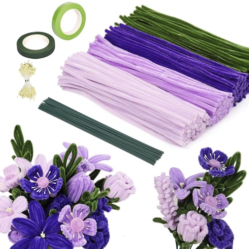320 Stück Pfeifenreiniger Blumen Violett Grün Tulip Bouquet, Pfeifenputzer zum Basteln 30cm, 4Farben Pipe Cleaner Flower Set,Biegeplüsch Chenilledraht mit Blumendraht,Blumen Staubblatt für DIY Bastel von Pinkswan