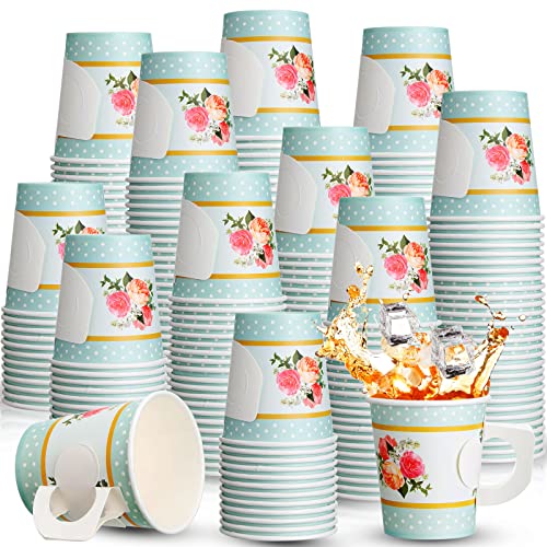 Pinkunn 160 Stück Papier-Teetassen mit Blumenmuster, Teeparty-Dekorationen, 200 ml, Einweg-Teetassen mit Griff, Vintage-Blumenmuster, Pappbecher für Mädchen, Geburtstag, Babyparty, Hochzeit, Frühling, von Pinkunn