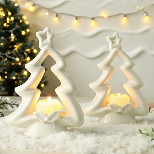 Pinkunn Keramik-Kerzenhalter, Weihnachts-Kerzenhalter, Dekoration, weiß, Weihnachtsbaum-Kerzenständer, Weihnachtsdekoration, Tischdekoration für den Winterurlaub, 2 Stück von Pinkunn