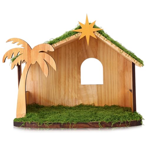 Pinkunn Weihnachtskrippe aus Holz, 37,1 x 30 x 17 cm, Krippe aus Holz mit Dachstern, Simulationsgras, stabile Krippe, Weihnachtsdekoration, für den Innen- und Außenbereich von Pinkunn