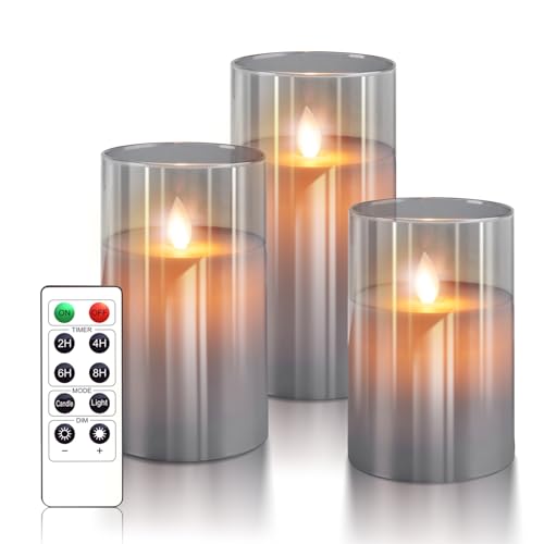 PinnWaa LED Glas Kerzen [3 Stück] Flammenlose Kerzenhalter, 10-Tasten Fernbedienung Timer Dekorations, Flammenlose Kerzen, Realistisch Flackernde LED Stabkerzen Batteriekerzen - Grau von PinnWaa