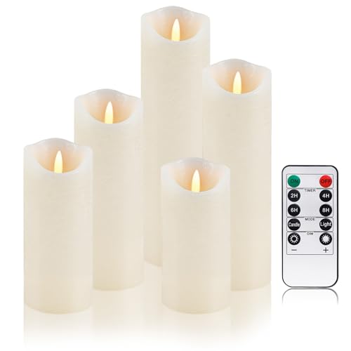 PinnWaa LED Kerzen [5 Stück] Flammenlose Kerzenhalter, 10-Tasten Fernbedienung Timer, Flammenlose Kerzen, Realistisch Flackernde Batteriebetriebene Dekorations LED Stabkerzen - Elfenbein von PinnWaa