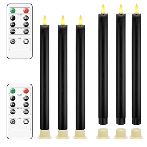 PinnWaa LED Stabkerzen mit Timerfunktion, LED Echtwachskerzen Flackernde Flamme mit 2 Fernbedienung, Kerzen mit Batterie für Weihnachtsdeko, Zimmer Deko, Hochzeit und Party - 6 Pcs - Schwarz von PinnWaa