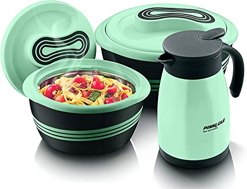 Pinnacle Isolierte Auflaufform und auslaufsicherer Krug mit Deckel, 3teiliges Set, 2,6/1,5 qt. 750 ml Krug – Hot Pot Speisewärmer Kühler – ThermoSuppenSalatServierschüssel – Edelstahl Hot Food von Pinnacle Thermoware