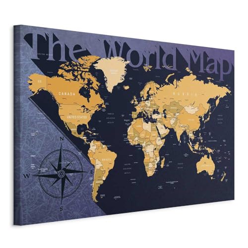 Pinnwand B&D XXL - Weltkarte Pinnwand & Leinwandbild 90x60 cm 1 Teilig Kunstdruck modern Wandbilder XXL Wanddekoration Design Wand Bild - Landkarte Karte Reise Geographie k-A-0139-v-b von Pinnwand B&D XXL
