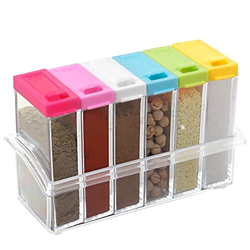 Pinsheng 6er Set Gewürzbox aus Kunststoff, Transparente Gewürzdose mit Tablett, BPA-Freiem Kunststoff Camping Gewürzbox, Küche Salz- und Pfefferstreuer Gewürzdosen für Aufbewahrung Gewürze (Bunt) von Pinsheng