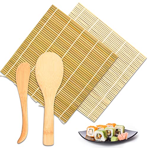 Pinsheng Bambus Sushi-Kit, Sushi Roll-Kit 4 Teilig Natürliche Bambus Rollen Matte Sushi-Matte Inklusive 2 Bambus-Rollmatten 1 Reislöffel 1 Reisspatel 1 Bedienungsanleitung von Pinsheng