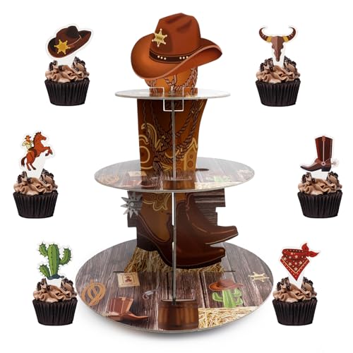 Cupcake-Ständer mit Western-Cowboy-Motiv, Party-Dekorationen, 3-stöckig, Cowboy-Thema, Papp-Cupcake-Halter, Dessertständer für Babypartys, Geburtstagspartys, mit 24 westlichen Cupcake-Toppern Cupcake-Ständer mit Western-Cowboy-Motiv, Party-Dekorationen, 3-stöckig, Cowboy-Thema, Papp-Cupcake-Halter, Dessertständer für Babypartys, Geburtstagspartys, mit 24 westlichen Cupcake-Toppern von Pinsit