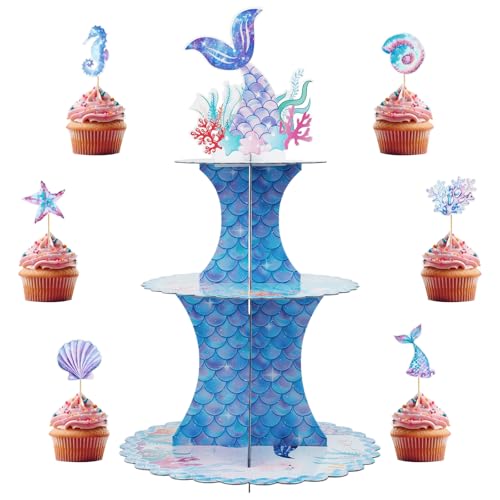 Meerjungfrauen-Cupcake-Ständer, Geburtstagsparty-Dekorationen, 3-stöckig, Meerjungfrauen-Cupcake-Halter, unter dem Meer, Cupcake-Turm, Schwanzaufsatz, für Babyparty, Geburtstagsparty, Zubehör mit 24 Meerjungfrauen-Cupcake-Ständer, Geburtstagsparty-Dekorationen, 3-stöckig, Meerjungfrauen-Cupcake-Halter, unter dem Meer, Cupcake-Turm, Schwanzaufsatz, für Babyparty, Geburtstagsparty, Zubehör mit 24 von Pinsit