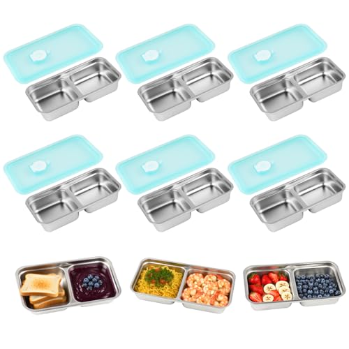 Pinsit Grab and Go Snackbehälter, 6 Stück, Edelstahl, Snack-Behälter mit Doppelfach, Metall-Snackbehälter mit Deckel, wiederverwendbar, ideal für Reisen und Camping im Freien von Pinsit