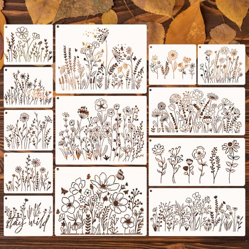 Wildblumen-Schablonen, Blumenschablonen zum Malen, wiederverwendbare Frühlingsblumen-Feldpflanzen, Wildblumen-Schablone zum Malen auf Holz, Wand, Leinwand, Stoffen, Papier, Möbelkarten, 13 Stück von Pinsit