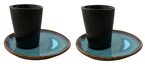 PintoCer - Espresso-Kaffeetassen-Set aus schwarzem Steingut ohne Griff mit blauer Untertasse, 2 Stück (2 Stück) von PintoCer