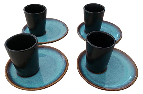 PintoCer - Espresso-Tassen aus Steingut Schwarz ohne Griff mit blauer Untertasse, 4 Stück (4er-Pack) von PintoCer