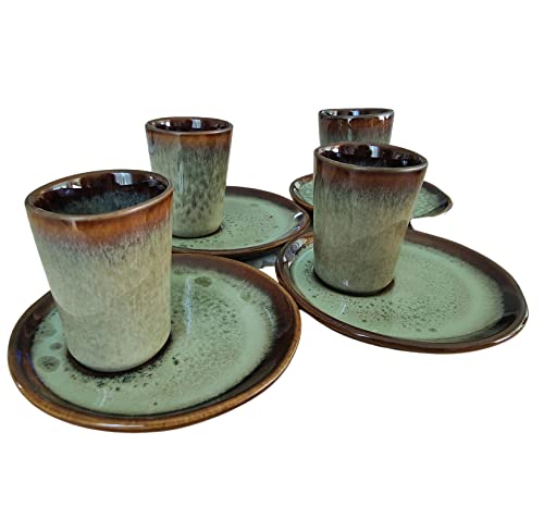 PintoCer - Espresso Kaffeetassen aus weißem Steingut, ohne Griff mit brauner Untertasse (Grün/Grün, 4) von PintoCer