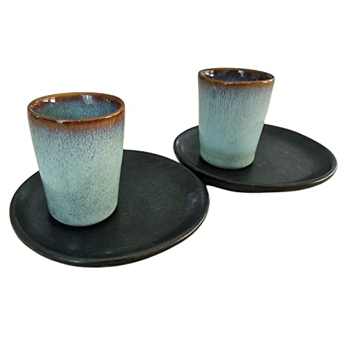 PintoCer - Espresso Kaffeetassen aus weißem Steingut, ohne Griff mit brauner Untertasse (Schwarz/Blau, 2) von PintoMed