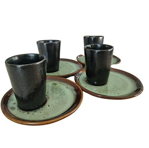 PintoCer - Espresso Kaffeetassen aus weißem Steingut, ohne Griff mit brauner Untertasse (Schwarz/Grün, 4) von PintoMed