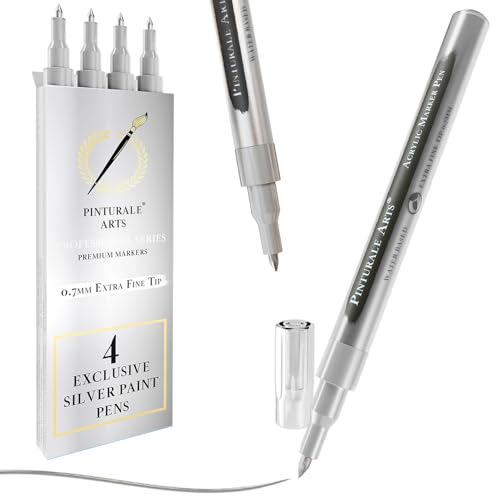 Pinturale Arts Set 4 Acrylstifte Silber | Silberstift Metallic | Silberstift Dünn Feine Spitze 0,7mm Für Holz, Glas, Steine, Keramik, Metall von Pinturale Arts