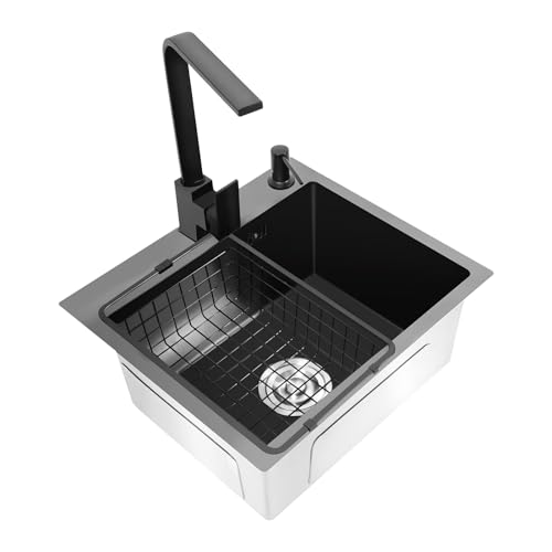 Edelstahlspüle Spülbecken Schwarz 40 x 45 cm, Spülenschrank mit Spüle und Armatur, 1 Becken Einbauspüle Küchenspüle für 45 cm Unterschrank, inkl. Ablaufgarnitur +Seifenspender+Wasserhahn von Pinuox