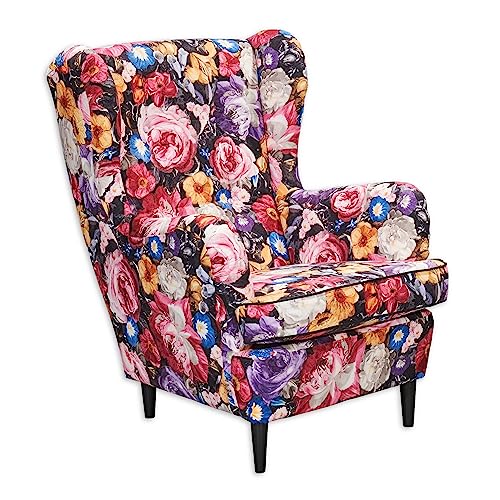 LAUREL Ohrensessel mit geknöpfter Polsterung und floralem Muster - Vintage Wohnzimmer Sessel mit Massivholz Füßen - 78 x 102 x 98 cm (B/H/T) von Stella Trading