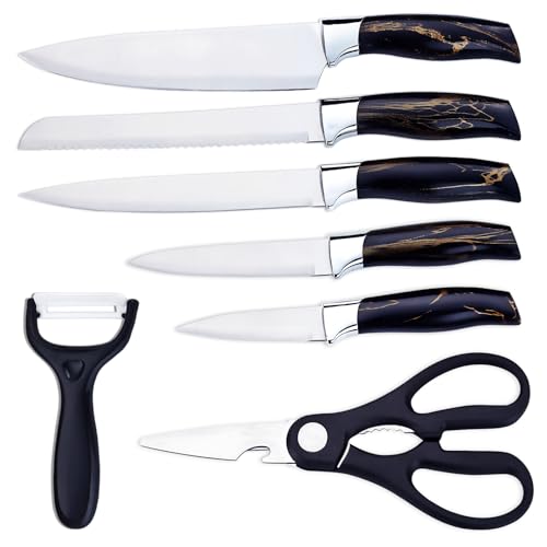 PionStar Edelstahl Küchenmesser-Set – 7-teiliges Profi-Set mit Kochmesser, Brotmesser, Fleischmesser, Universalmesser, Obstmesser, Schere + Schäler | Rostfrei & Langlebig. von PionStar