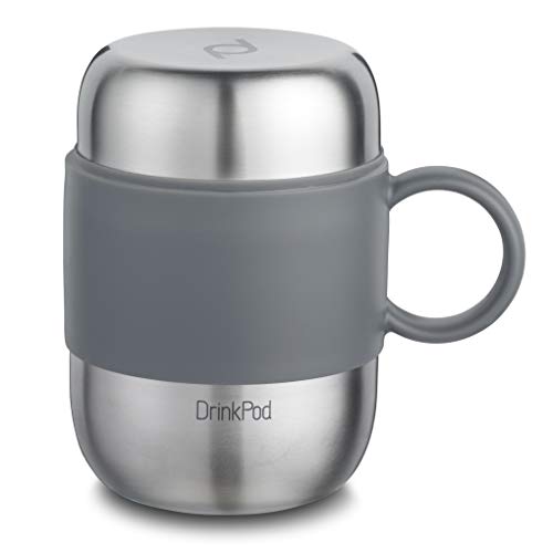 Pioneer DrinkPod mit Griff Isolierbecher aus Edelstahl 0,28 L Doppelwandig Thermobehälter 6 Stunden Heiß 24 Stunden Kühl Auslaufsicher BPA-Frei - Gebürsteter Stahl von DRINKPOD