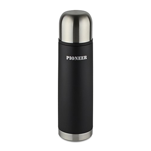 Pioneer Isolierflasche aus Hochwertigem Edelstahl mit Druckknopf & Trinkbecher 0,5 L Doppelwand-Vakuumkonstruktion 8 Stunden Heiß 24 Stunden Kühl 100% Auslaufsicher BPA Frei - Schwarz von Pioneer