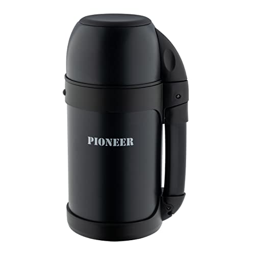Pioneer Outdoor-Isolierflasche aus Hochwertigem Edelstahl mit Griff und Tasse 1,8 L Doppelwandig Auslaufsicher 8 Stunden Heiß oder Kühl BPA Frei - Schwarz von Pioneer