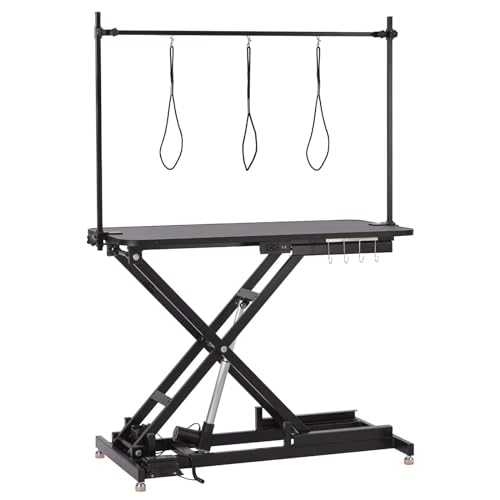 Elektrischer Fellpflegetisch für Hunde, robust, höhenverstellbar (23,9 cm - 100,1 cm), Haustier-Pflegetisch mit Nivellierrädern, X-Lift, rutschfeste Tischplatte und Werkzeug-Organizer von PioneerWorks