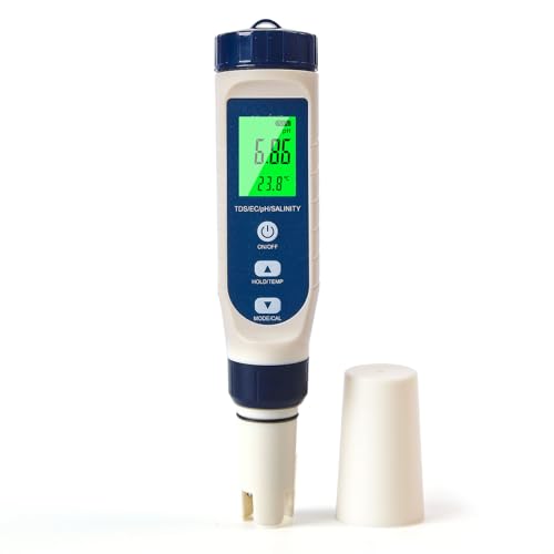 Pious PH Messgerät Wasser, Ph/Salzgehalt/ec/tds/Temperatur-Multifunktions-Ph-Messgerät, Automatischer Temperatur Kompensations Ph Wert Messgerät, Geeignet Für Trinkwasser, Schwimmbad, Hydroponik, SPA von Pious