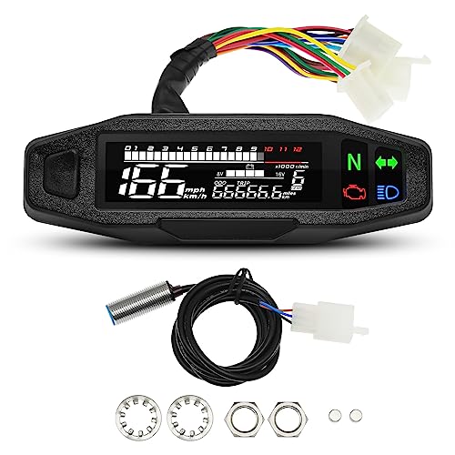 Motorrad Digitaler Tachometer, Drehzahlmesser mit LCD Display, Blinker, Hintergrundbeleuchtung, Kilometerzähler und Vergaser für die meisten Motorradmodelle(mit Stützen and Sensors) von Piousunt