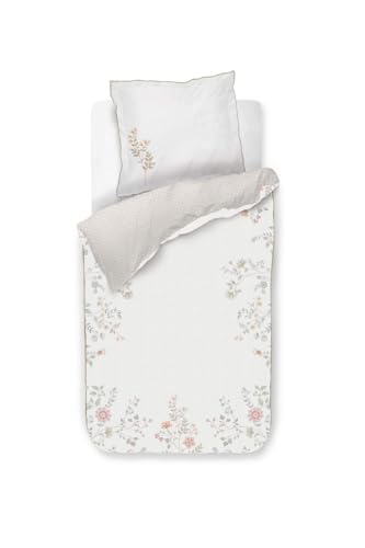 Pip Studio Bettwäsche Campo de Flores Altweiß Perkal Blumen Blüten Blätter Rand floral, Größe:155 cm x 220 cm von Pip Studio