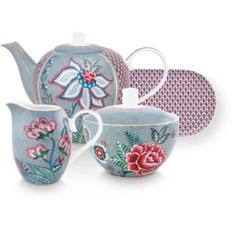 Pip Studio Flower Festival Tee-Set 4-teilig - blue - 4er Set: Kanne 1,6 Liter - Milchkännchen 250 ml - Zuckerdose 300 ml - Untersetzer 25x12 cm von Pip Studio