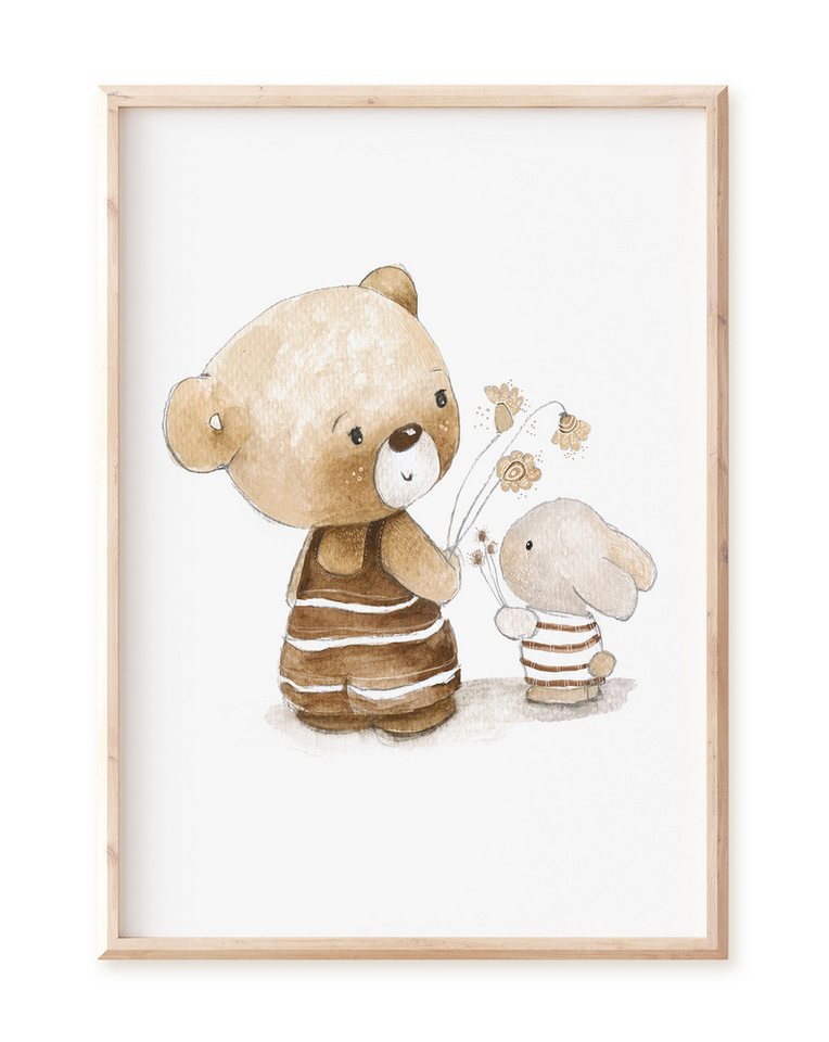 Pipapier Poster Kinderposter "Bär und Hase mit Blumen", Kinderzimmerdeko, Kinderzimmerbild in DIN A4 oder DIN A3 von Pipapier