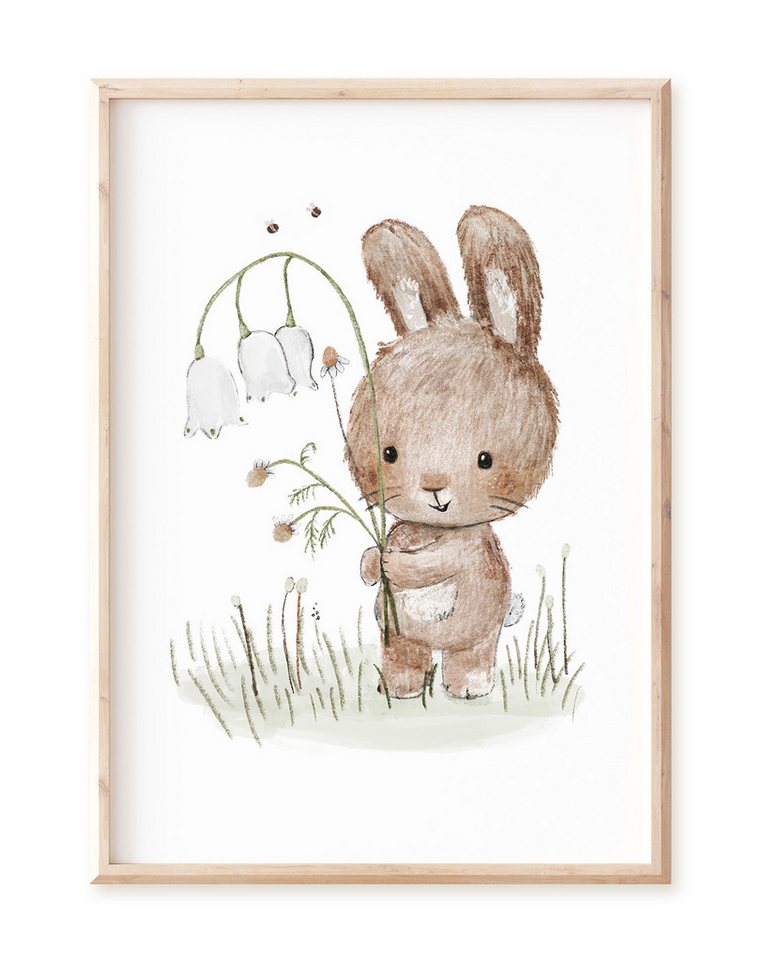 Pipapier Poster Kinderposter "Hase mit Blumen", Kinderzimmerbild, erhältlich in DIN A4 oder A3 von Pipapier