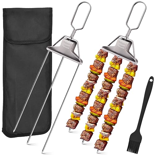 3 Wege Grillspieße, Halbautomatische Grillgabel aus Edelstahl, Schaschlikspieße, Metall BBQ Spieße, Fleischspieße, Lange Grill Spieße mit Bürste, Wiederverwendbare Metall Grill Spieße (A) von Pipihome